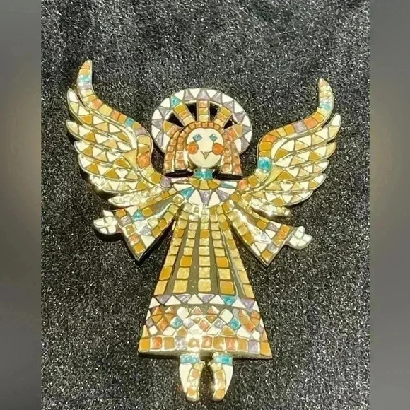 Designer Bob Mackie Vintage Gold Tone Large Mosaic Guardian Angel Enamel Brooch - Picture 1 of 3